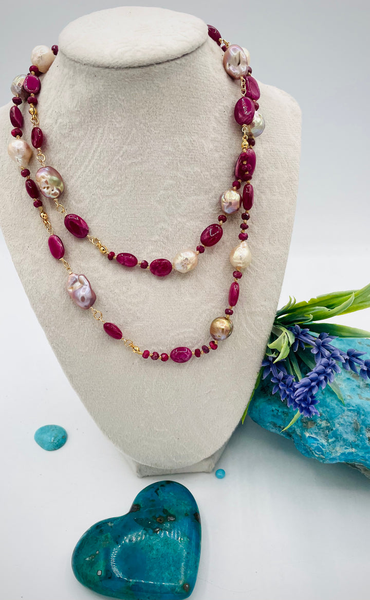 Silk knotted treasure necklace featuring rubies and natural luster Edison pearls. Available only from Rockstar Cowgirl online or in store in Cody, Wyoming.