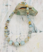 Aquamarine graduated round beaded necklace with hammered 14k gold beads sprinkled throughout. Available only from Rockstar Cowgirl online or in store in Cody, Wyoming.