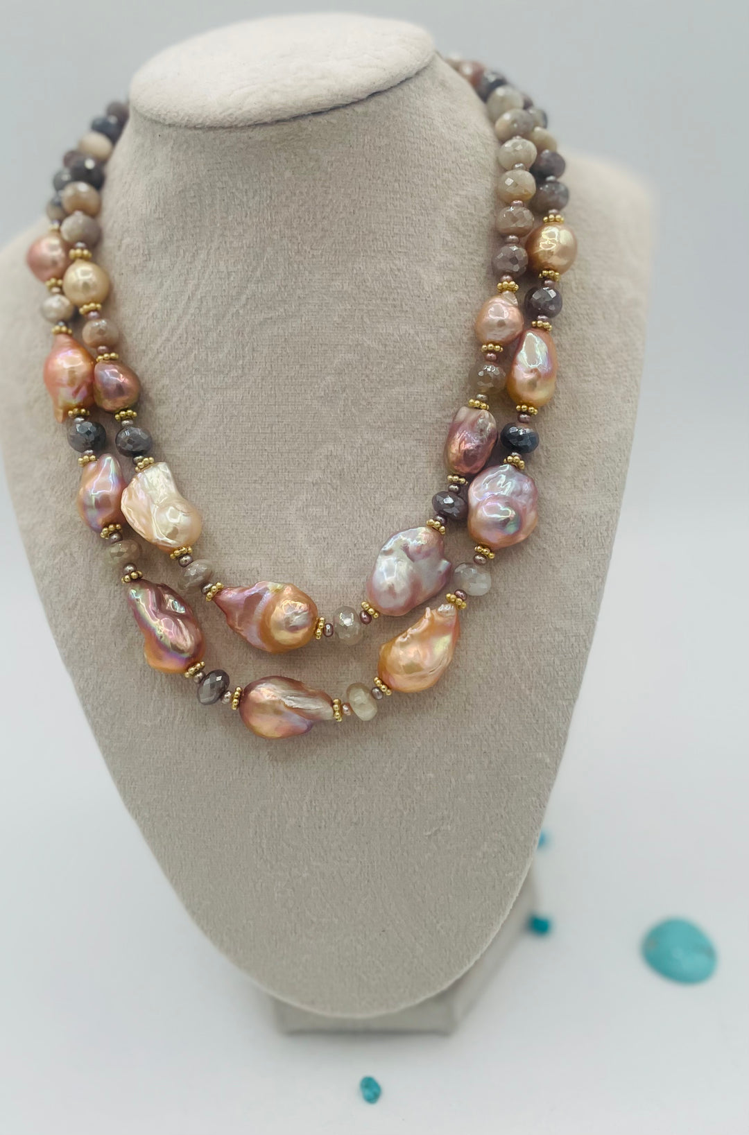Double strand beaded necklace featuring Flameball baroque natural luster pearls, faceted Multi colored moonstone, and tiny pink pearls. Available only from Rockstar Cowgirl online or in store in Cody, Wyoming.
