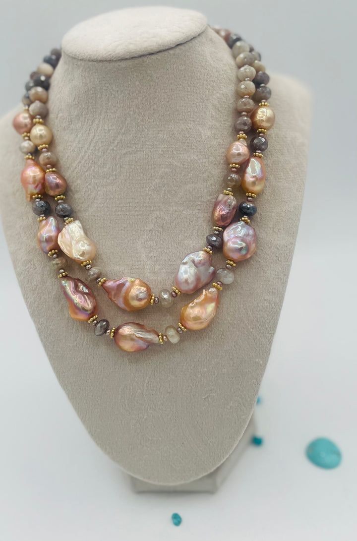 Double strand beaded necklace featuring Flameball baroque natural luster pearls, faceted Multi colored moonstone, and tiny pink pearls. Available only from Rockstar Cowgirl online or in store in Cody, Wyoming.