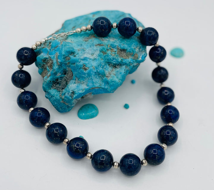 Beaded necklace featuring large Afghan lapis round beads with sterling silver beads between. Available only from Rockstar Cowgirl online or in store in Cody, Wyoming.