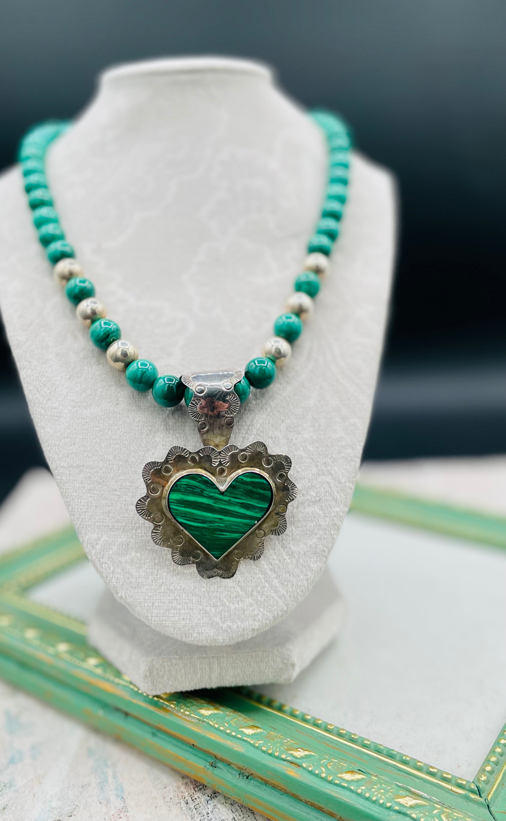 Malachite and vintage sterling silver round beaded necklace with vintage Taxco sterling silver and malachite heart pendent. Available only from Rockstar Cowgirl online or in store in Cody, Wyoming.