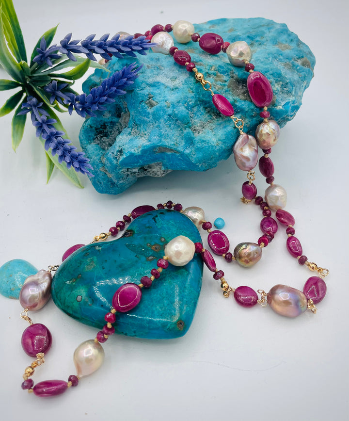 Silk knotted treasure necklace featuring rubies and natural luster Edison pearls. Available only from Rockstar Cowgirl online or in store in Cody, Wyoming.