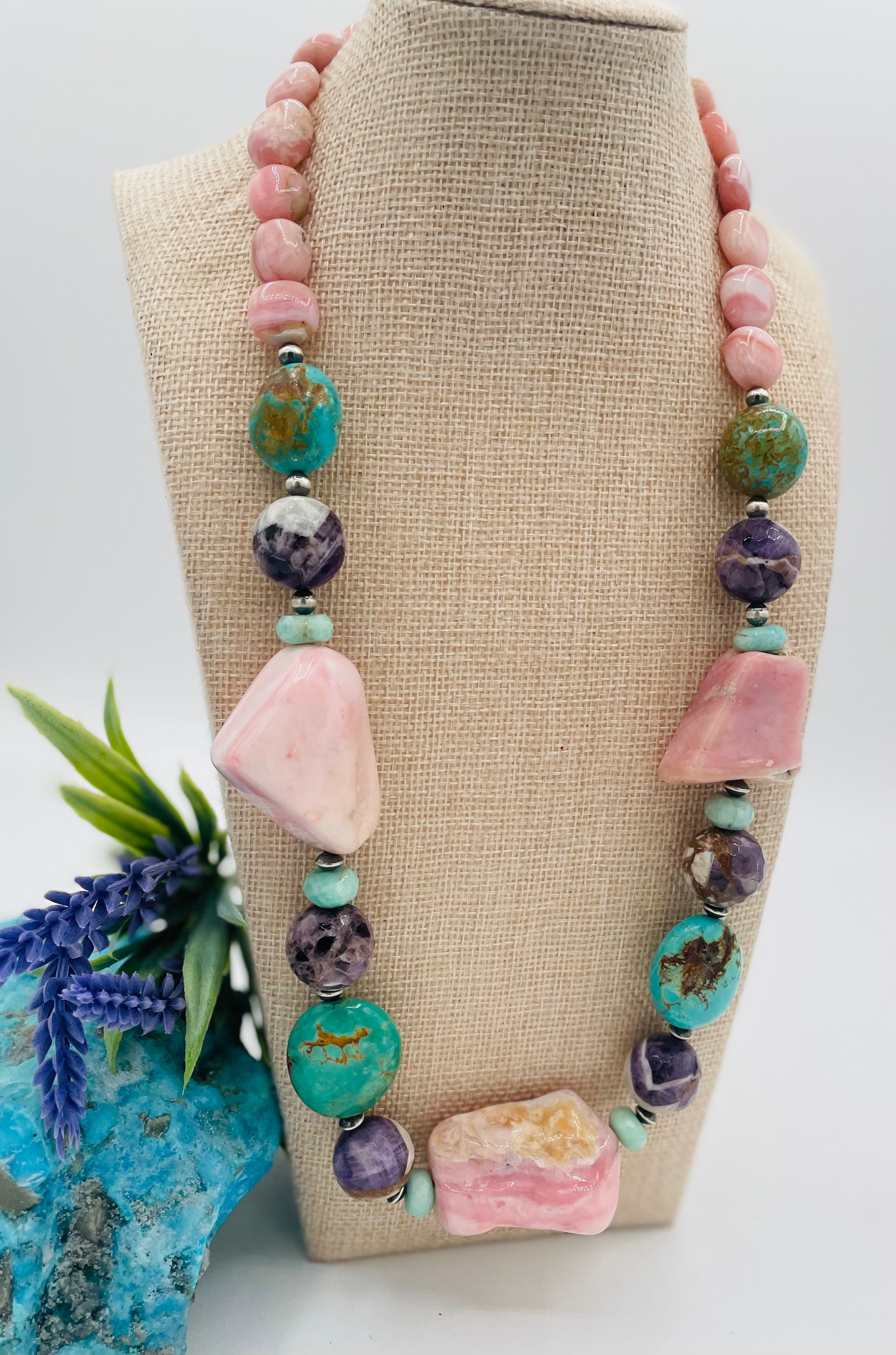 Chunky necklace featuring pink Peruvian opal nuggets, Kingman turquoise, cape amethyst, amazonite, and sterling silver Navajo pearl beads. Available only from Rockstar Cowgirl online or in store in Cody, Wyoming.