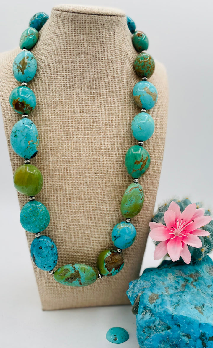 Kingman turquoise graduated nugget and sterling silver beaded necklace. Available only from Rockstar Cowgirl online or in store in Cody, Wyoming.