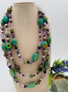 3 strand chunky necklace featuring green Kingman turquoise, African turquoise, brown opal, pink amethyst vintage sterling silver, cape amethyst, and dark amethyst. Available only rom Rockstar Cowgirl online or in store in Cody, Wyoming. 