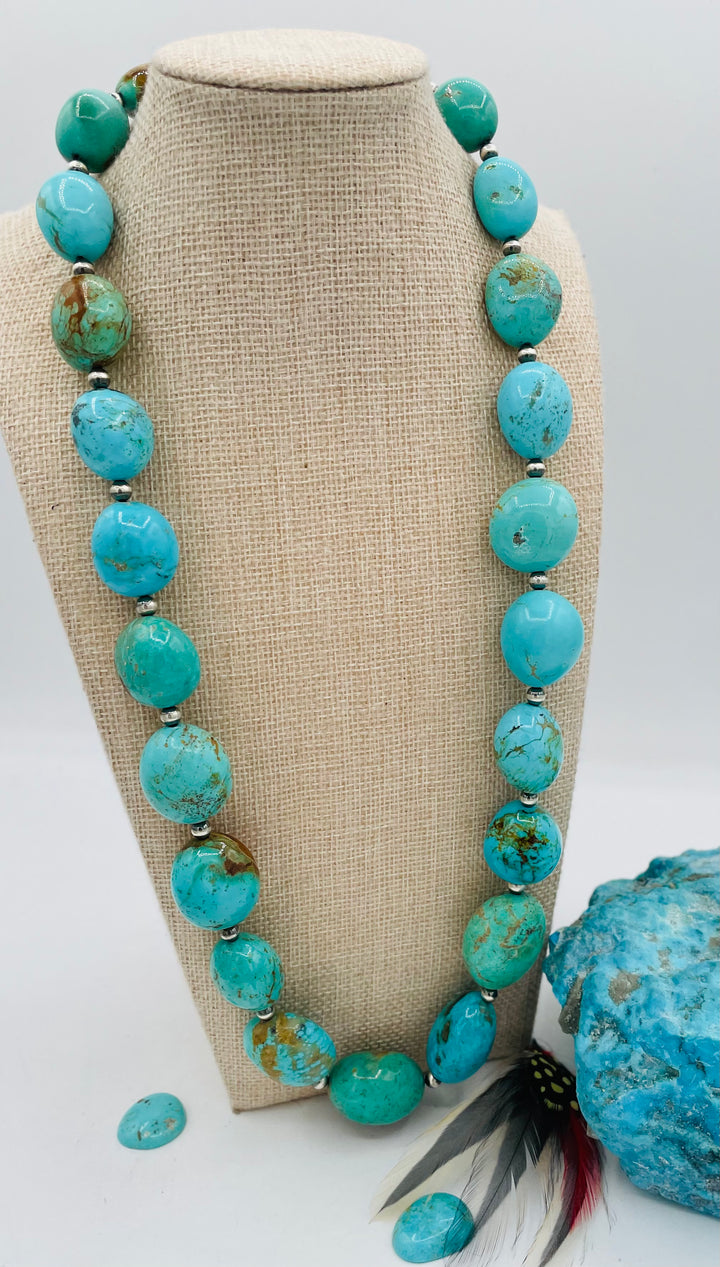 Kingman turquoise graduated nugget and sterling silver beaded necklace. Available only from Rockstar Cowgirl online or in store in Cody, Wyoming.