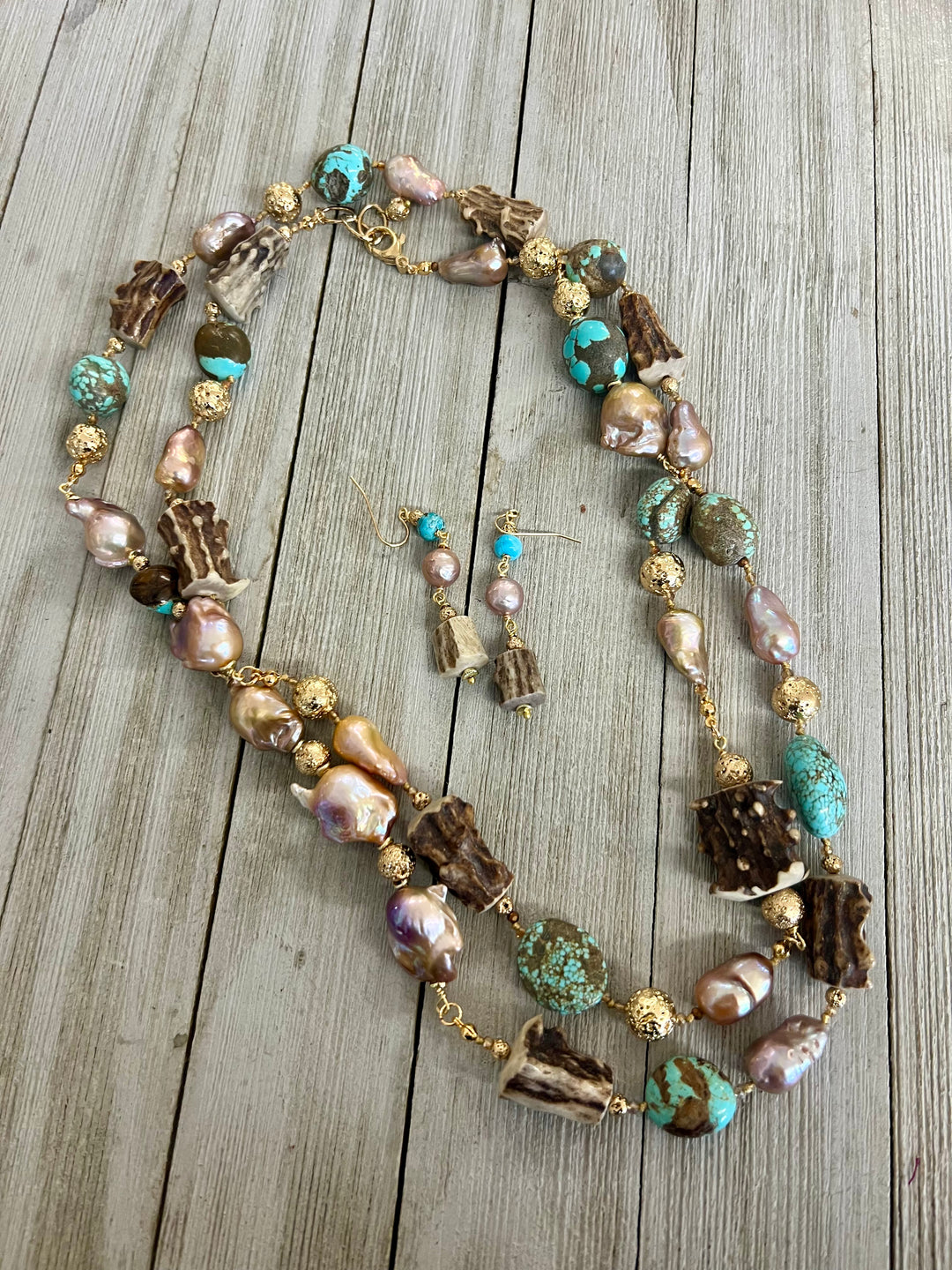 Number 8 Turquoise, Baroque Pearl and Antler Set on Silk *SOLD*