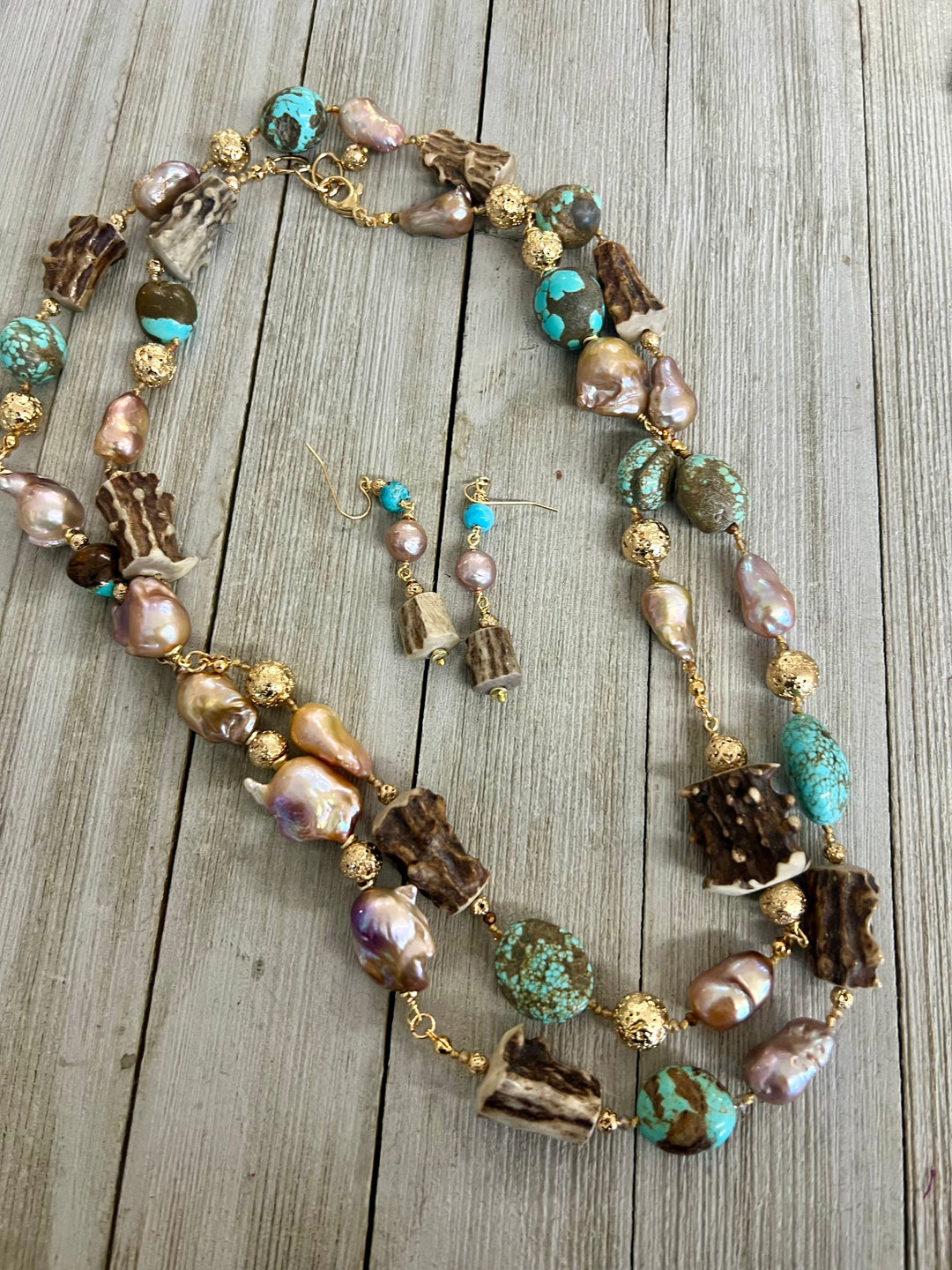 Number 8 Turquoise, Baroque Pearl and Antler Set on Silk *SOLD*