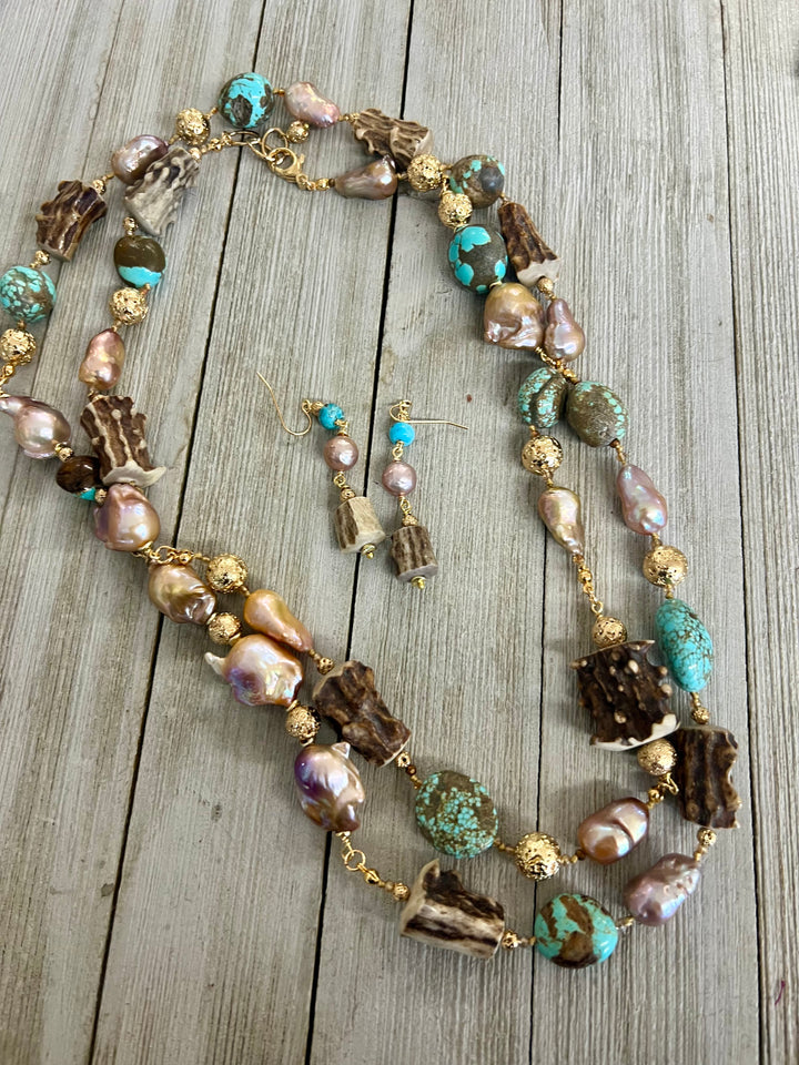 Number 8 Turquoise, Baroque Pearl and Antler Set on Silk *SOLD*