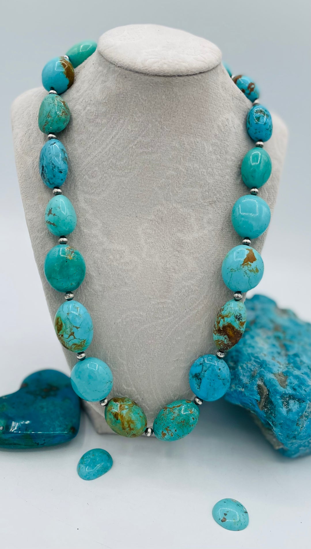 Kingman turquoise graduated nugget and sterling silver beaded necklace. Available only from Rockstar Cowgirl online or in store in Cody, Wyoming.