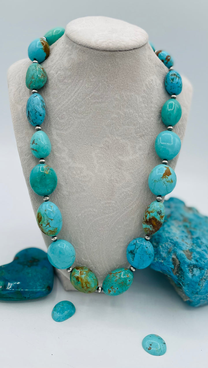 Kingman turquoise graduated nugget and sterling silver beaded necklace. Available only from Rockstar Cowgirl online or in store in Cody, Wyoming.