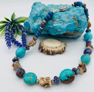 Necklace featuring Kingman turquoise, purple Mojave turquoise, rough deer antler, lapis, and sterling silver beads. Available only from Rockstar Cowgirl online or in store in Cody, Wyoming.