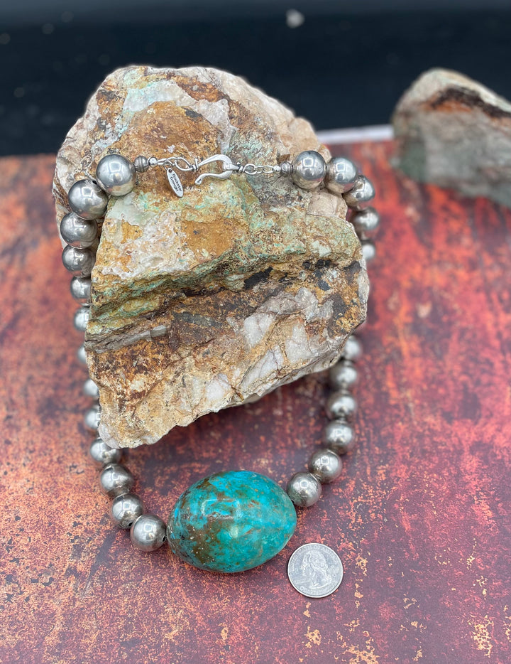 A giant Kingman turquoise nugget and sterling silver necklace with a hook and eye clasp available only from Rockstar Cowgirl online or in store in Cody, Wyoming.