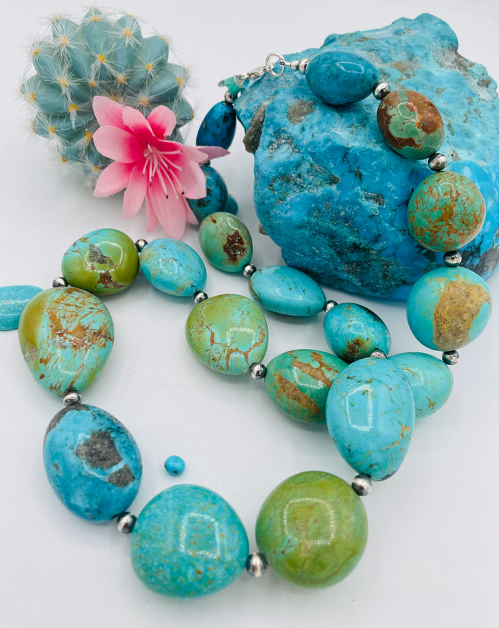 Kingman turquoise graduated nugget and sterling silver beaded necklace. Available only from Rockstar Cowgirl online or in store in Cody, Wyoming.
