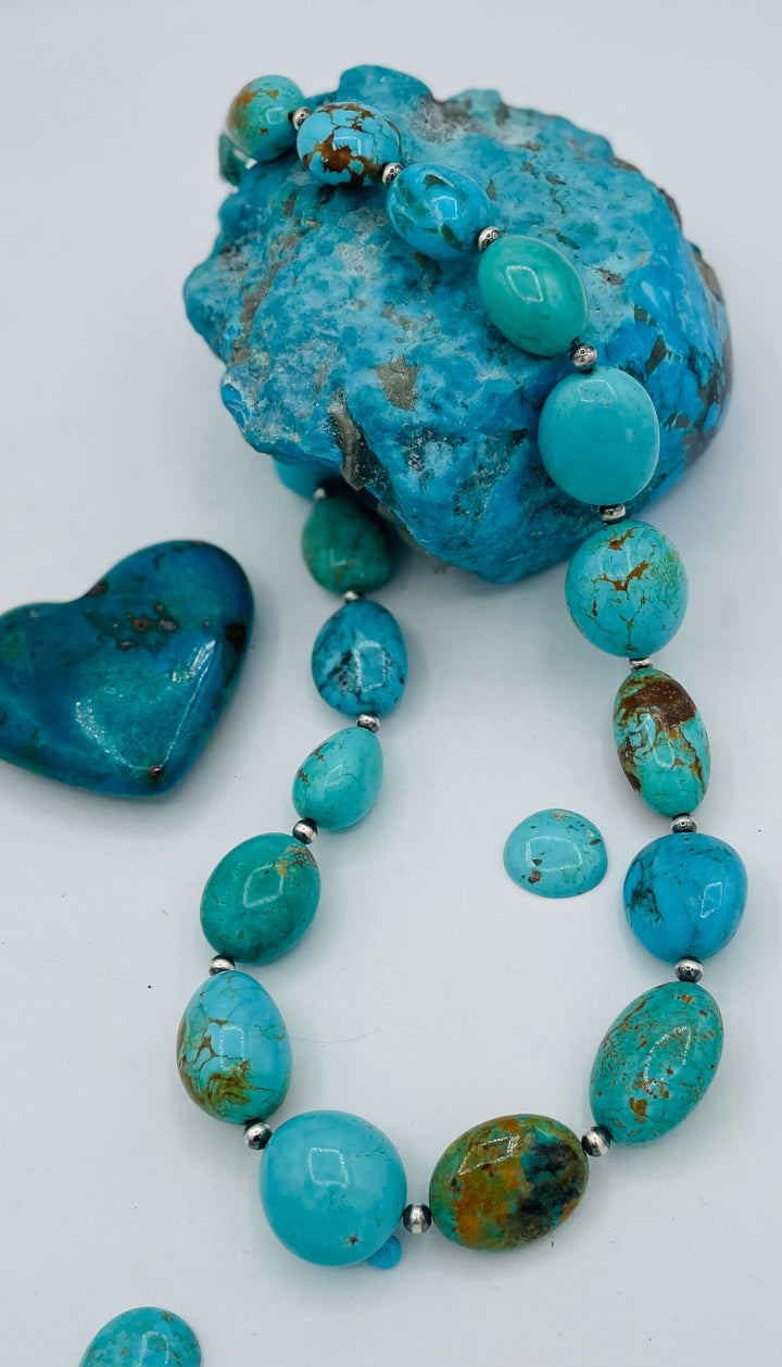 Kingman turquoise graduated nugget and sterling silver beaded necklace. Available only from Rockstar Cowgirl online or in store in Cody, Wyoming.