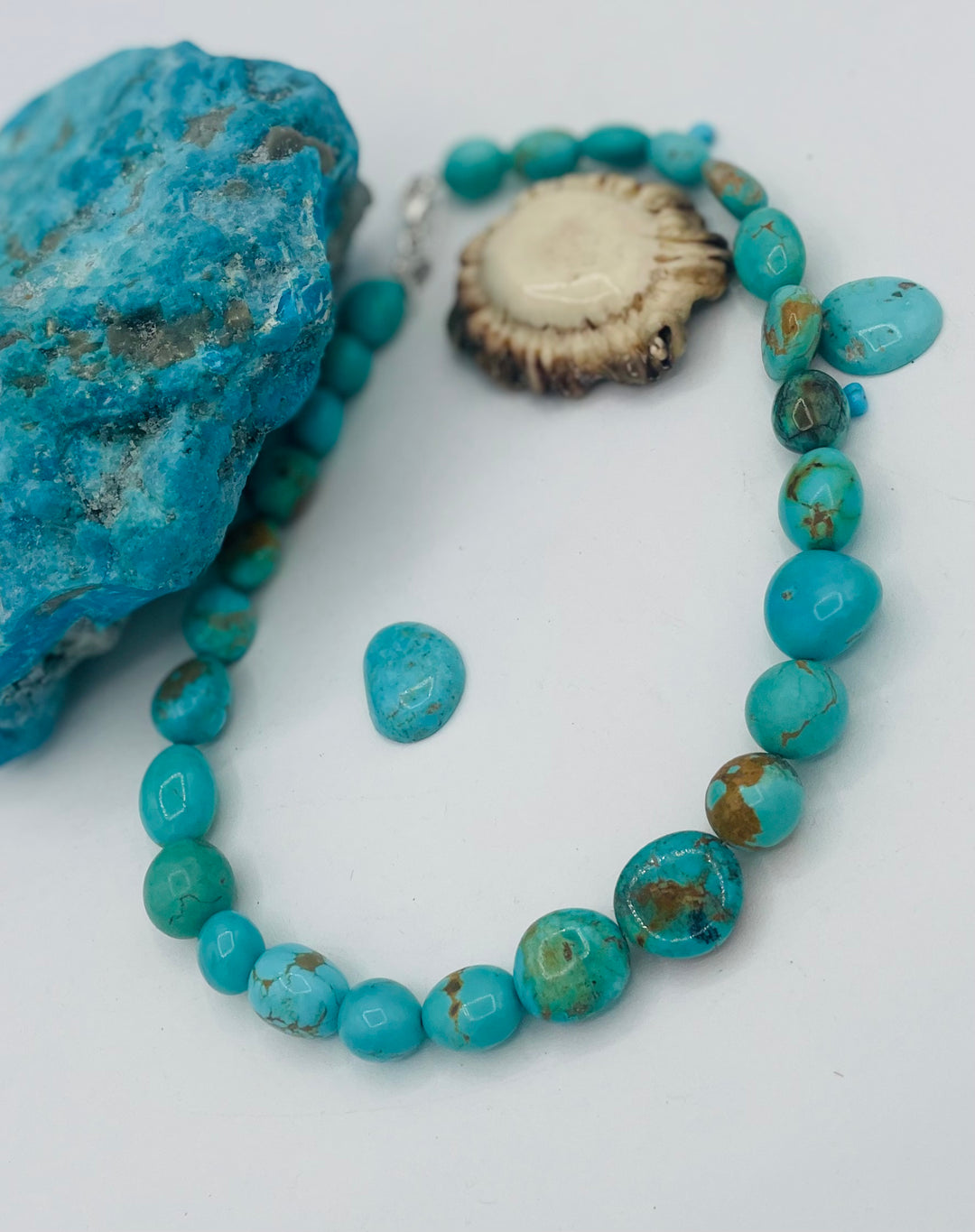 Graduated beaded necklace featuring Kingman turquoise with gold matrix in shades of blue and green. Available only from Rockstar Cowgirl online or in store in Cody, Wyoming.