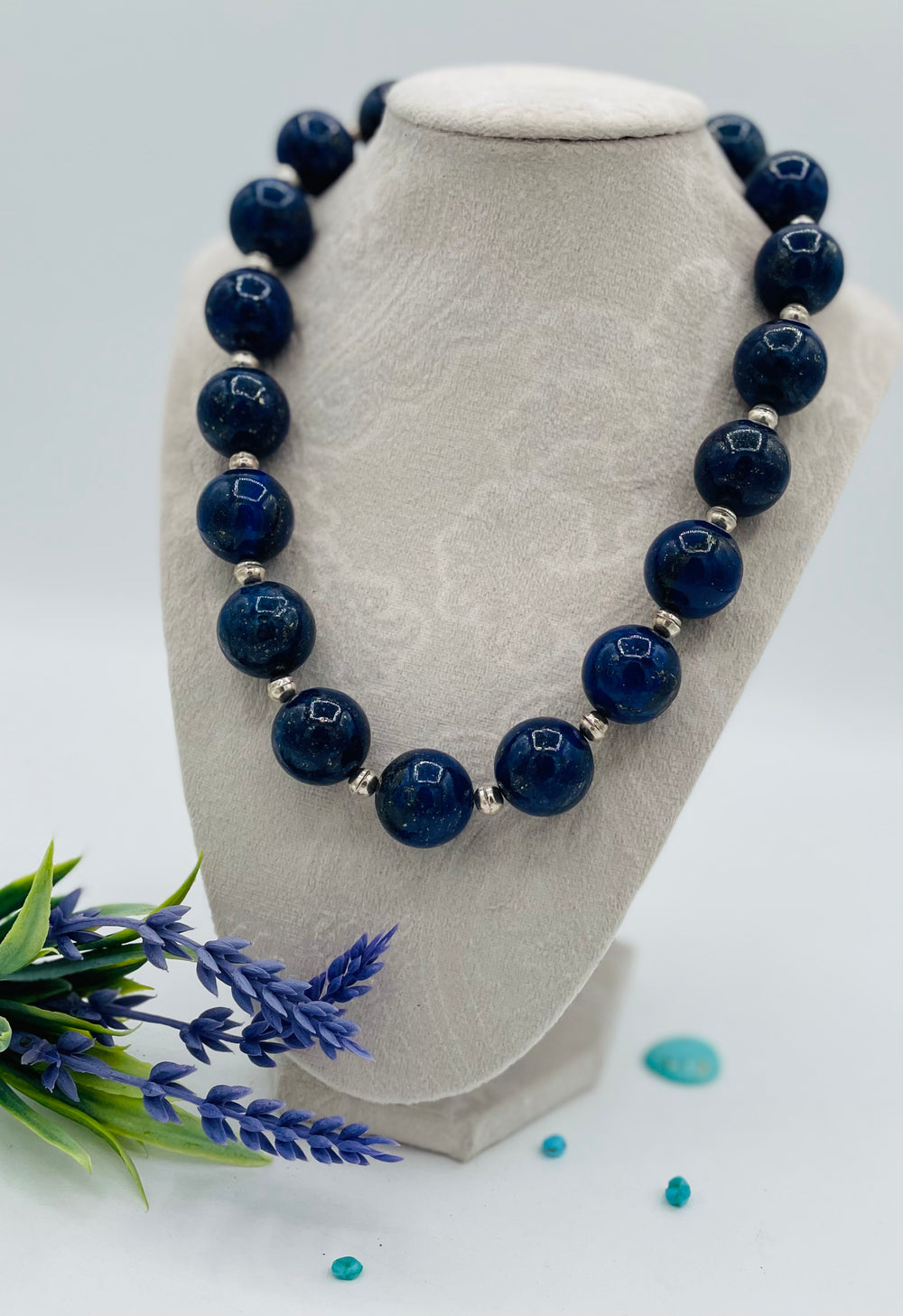 Beaded necklace featuring large Afghan lapis round beads with sterling silver beads between. Available only from Rockstar Cowgirl online or in store in Cody, Wyoming.