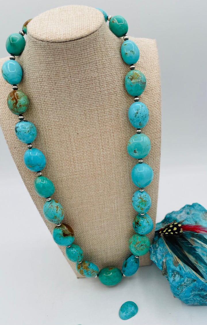 Kingman turquoise graduated nugget and sterling silver beaded necklace. Available only from Rockstar Cowgirl online or in store in Cody, Wyoming.