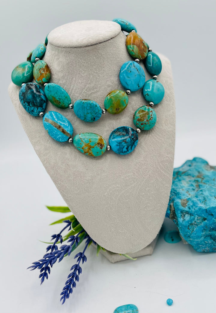 Kingman turquoise graduated nugget and sterling silver beaded necklace. Available only from Rockstar Cowgirl online or in store in Cody, Wyoming.