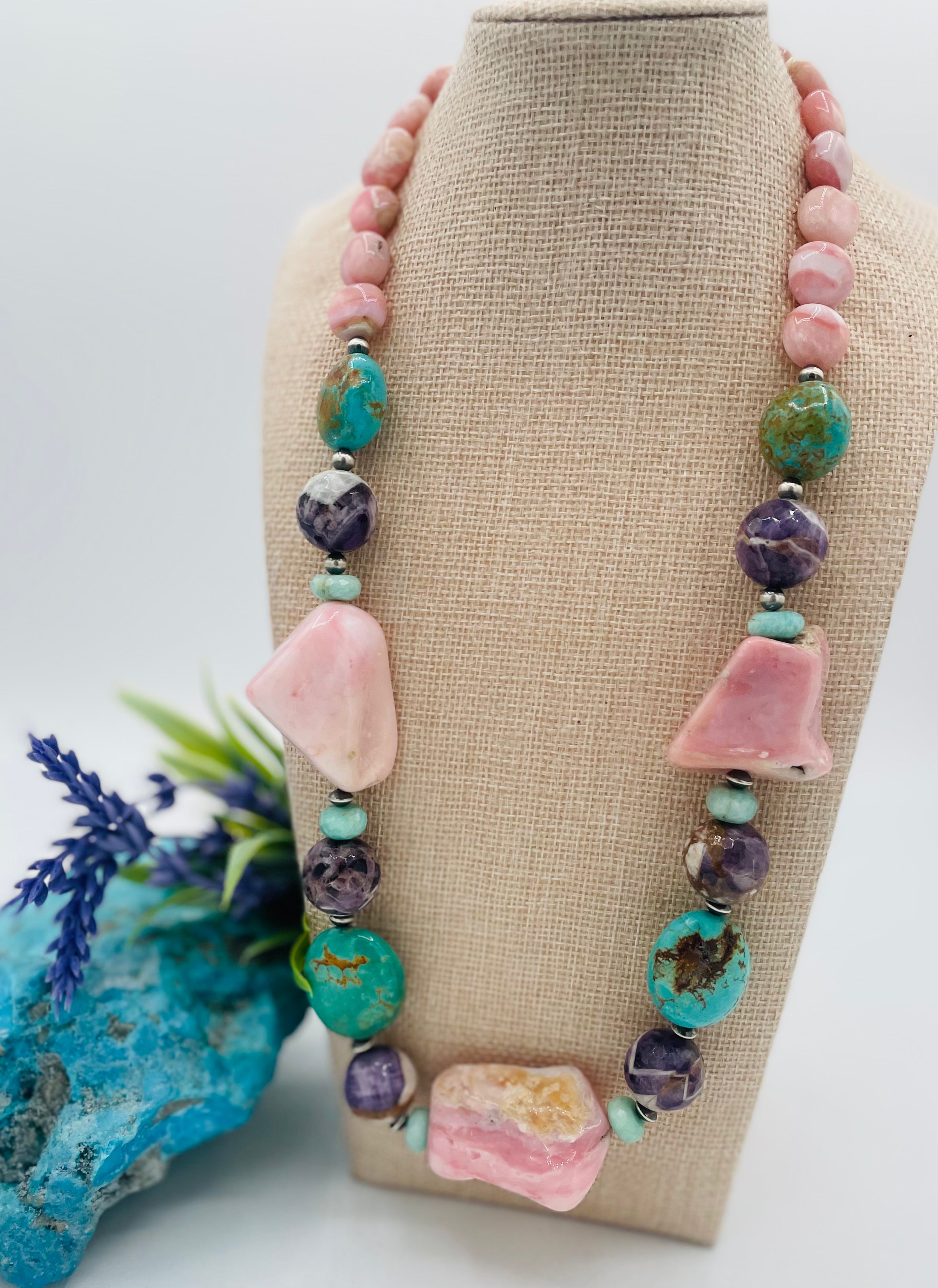 Chunky necklace featuring pink Peruvian opal nuggets, Kingman turquoise, cape amethyst, amazonite, and sterling silver Navajo pearl beads. Available only from Rockstar Cowgirl online or in store in Cody, Wyoming.