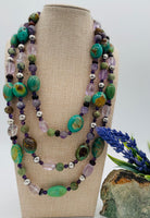 3 strand chunky necklace featuring green Kingman turquoise, African turquoise, brown opal, pink amethyst vintage sterling silver, cape amethyst, and dark amethyst. Available only rom Rockstar Cowgirl online or in store in Cody, Wyoming. 
