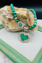 Malachite and vintage sterling silver round beaded necklace with vintage Taxco sterling silver and malachite heart pendent. Available only from Rockstar Cowgirl online or in store in Cody, Wyoming.