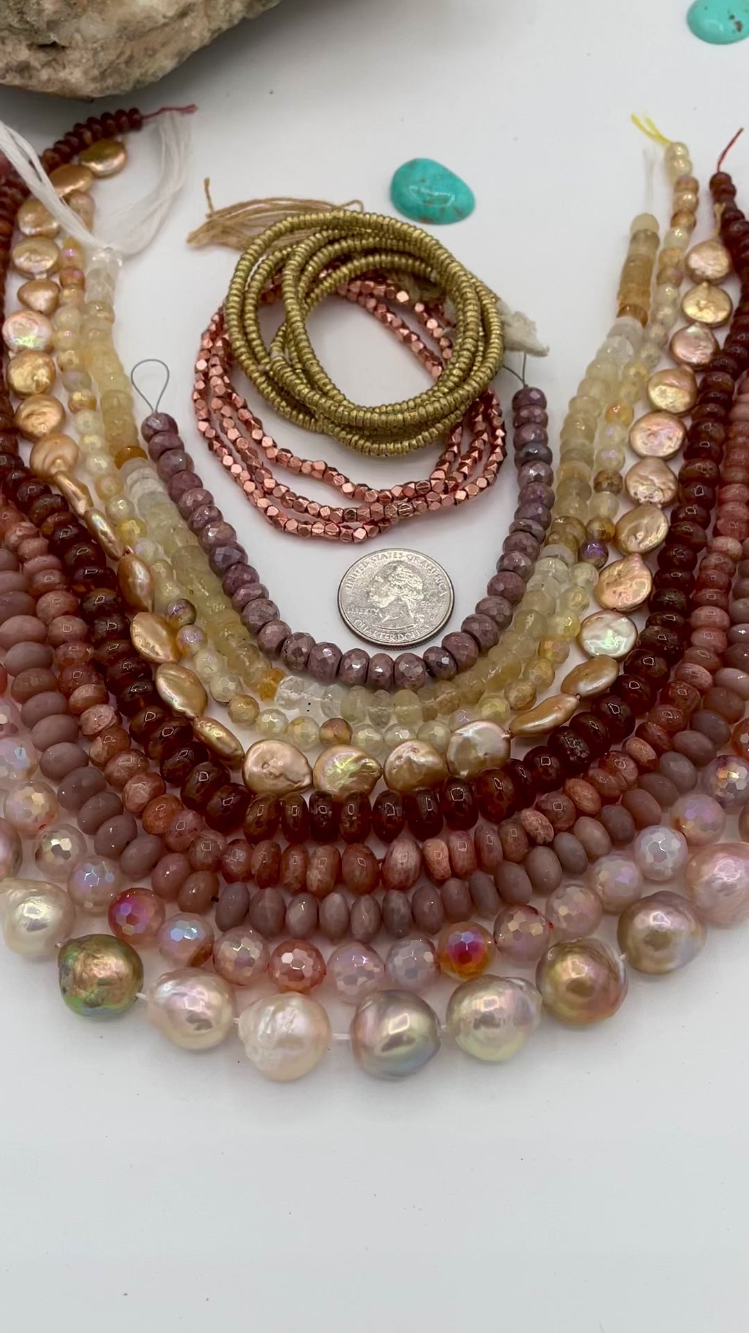 The Sun and Moon bead box features strands of Edison pearls, plated agate, brown moonstone, sunstone, hessonite garnet, coin pearls, citrine, brown silverite, with copper and brass spacer beads. Available only from Rockstar Cowgirl online or in store in Cody, Wyoming.