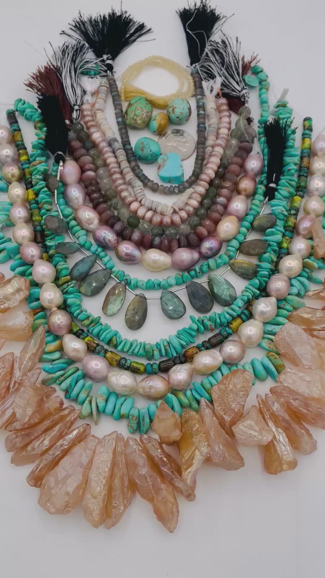 Curated bead box featuring Sonoran turquoise, Kingman turquoise, Hubei turquoise, #8 turquoise, high grade pearls, labradorite, quartz, and moonstone.  143 grams of turquoise. Includes strands and pendent sized nuggets. U.S. quarter for size reference. Available only from Rockstar Cowgirl online or in store in Cody, Wyoming.